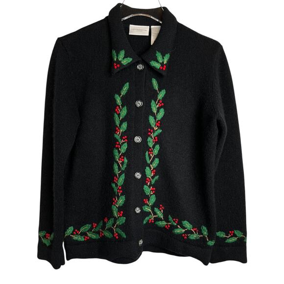LIZ CLAIBORNE Wool Angora Embroidered Holly Button Cardigan Black Women’s M - Picture 2 of 12